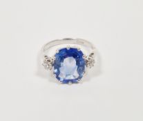 Ceylon sapphire and platinum ring, the claw-set cushion mixed cut sapphire of approximately 4.42