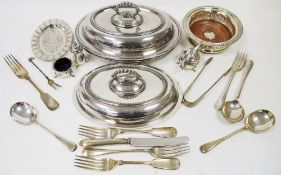 Mixed lot of silver plate and flatware including an oval tureen and cover, a wine bottle coaster,