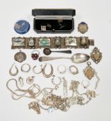 Collection of silver jewellery and other silver items including four silver fob medals, George III
