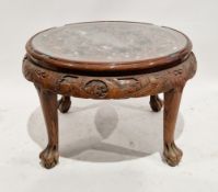 Chinese hardwood circular coffee table, the top with relief carved scene of sailing boats, carved