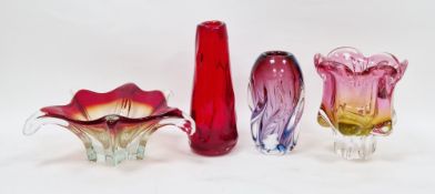 Whitefriars ruby red tapering glass knobbly vase, designed by Ray Annenberg, 24.5cm high, a