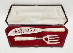 Victorian silver and mother-of-pearl serving fish knife and fork, London 1858, Elizabeth and John