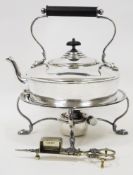 Late 19th / early 20th century silver plate spirit kettle on stand with burner having an ebony