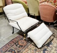 19th century brass and iron metamorphic campaign chair/bed, having an arched back, rectangular