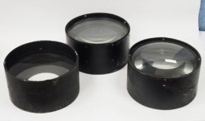 Three mid-20th century large laboratory or desk top magnifying lenses, possible used for