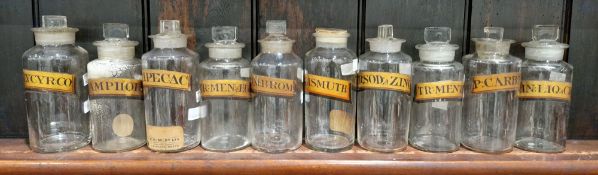 Ten late 19th/early 20th century labelled glass apothecary bottles and stoppers, each of cylindrical
