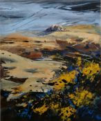 Jan Gregson (British, b.1949) Watercolour/gouache Landscape with rocky outcrop on an overcast day,