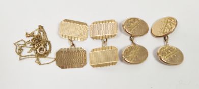 Two pairs of 9ct yellow gold cufflinks, one pair with engraved double oval heads united by a