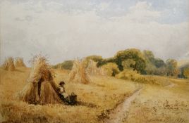 Thomas Pyne (1843-1935)  Watercolour drawing  Cornfield with girl seated in the shade of a