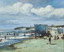20th century school Oil on canvas Coastal scene with figures on beach, unsigned, 51cm x 61cm