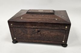 William IV rosewood and mother-of-pearl inlaid workbox, of sarcophagus form inlaid with dots and