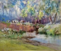 Jane Lampard (British, contemporary) Pastel  Pastoral scene with cattle and pond, signed lower left,