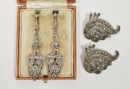 Pair of Art Deco white metal marcasite set drop earrings of open stepped form, 6cm long, fitted in a
