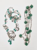 Silver hallmarked and malachite bead necklace, Birmingham 1991, maker JES, having an integrated