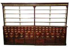 Large Victorian mahogany apothecary shop cabinet, the moulded cornice over a glass advertising