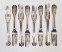 Set of six Victorian silver dessert forks, London 1850, fiddle, thread and shell pattern, engraved