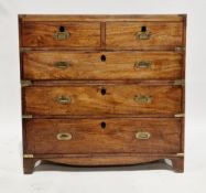 19th century teak and brass-mounted campaign chest, splitting into two sections, each section with