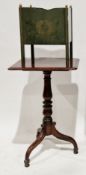 George III mahogany table, the square tilt-top on a turned baluster column support with three