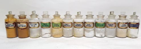 Twelve early 20th century 'label under glass' apothecary bottles and stoppers, each of cylindrical