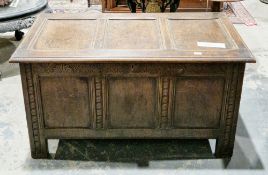 18th/19th century oak coffer, the hinged three panel lid opening to a candle box, three panels to