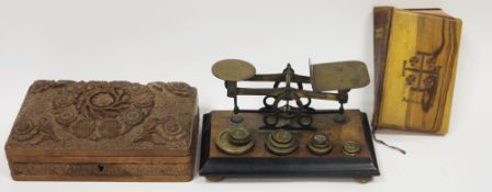 Late 19th/early 20th century set of brass postal scales and eight weights, on a walnut base with