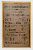 Early 20th century brass medical clinic sign for St. Marylebone Borough Council, located between two