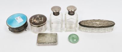 Collection of seven silver items including George V silver and blue guilloche enamel trinket box,