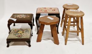 Pair of beechwood circular stools on turned ringed legs, 53cm high x 31cm diameter, an oak three-