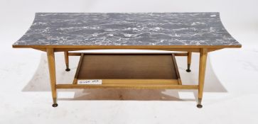 Mid-century Remploy teak coffee table, the top with inverted curved ends and a formica marble-effect