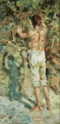 20th century school Oil on panel Male figure pruning bush, unsigned, framed, 41cm x 20.5cm Condition