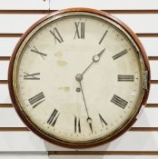 Mahogany cased circular wall clock, dial with roman numerals and moon hands, two plate, four