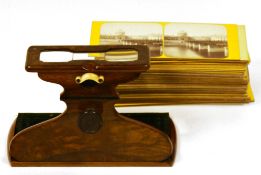 Swans Patent walnut Clairvoyant stereoscopic viewer, green velvet trimmed, 18.5cm wide and a