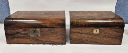 Two Victorian rosewood boxes, both brass mounted, the first a workbox of domed rectangular form