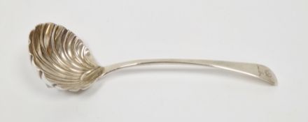 George III silver sauce ladle, Old English pattern and crest-engraved with scallopshell bowl, London