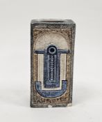 Avril Bennet (c.1973-79) for Troika, a tall rectangular section vase, moulded and incised with
