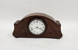 An Edwardian mahogany mantel clock with inlaid decoration the enamel dial with roman numerals 14cm