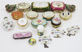 Collection of porcelain and enamel trinket boxes, pill boxes, snuff bottles and spirit decanter