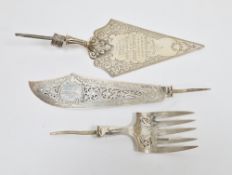 Three Victorian silver items (lacking handles), including a pierced and foliate engraved fish