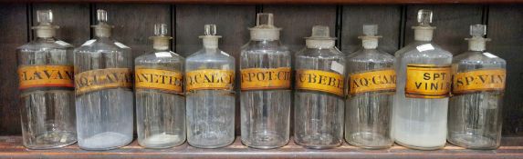 Nine various large late 19th/early 20th century labelled glass apothecary bottles and stoppers, each