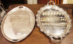 Elkington Plate oval serving tray with twin pierced handle and reeded and crossed moulded edge, 62cm