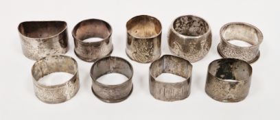 Collection of nine Victorian and early 20th century silver napkin rings, various hallmarks, some