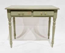Pine side table in the Victorian style with a green painted finish, two frieze drawers with swan