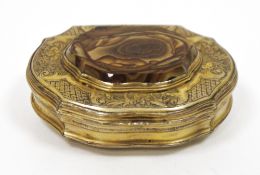 Continental gilt-metal and hardstone mounted cartouche-shaped snuff-box, circa 1770, the cover