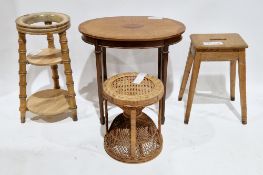 Collection of three items of furniture including a mid-century wicker stool of circular form, 45cm