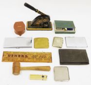 Mixed lot of collectables including 19th century cast iron stamp press, three Art Deco cigarette