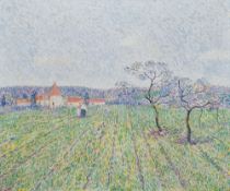 20th century school Oil on canvas Impressionistic rural scene overlooking a field with dwellings