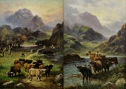 Late 19th/early 20th century Scottish school Pair oils on canvas  Highland cattle at waterside,