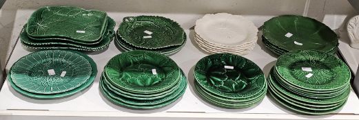 Collection of late 19th/20th century green glazed leaf-moulded majolica dishes including Copeland
