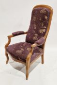 19th century mahogany open armchair having domed back and scrolling elbows and legs, upholstered