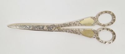 Late Victorian silver grape scissors, all over bright-cut foliate scroll engraved on a matted